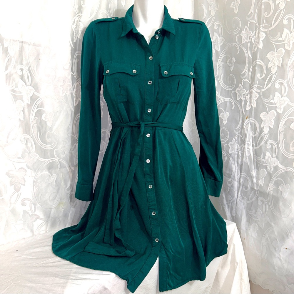 OASIS Cool Dark Green Structured Silver Buttoned Long Sleeve Dress